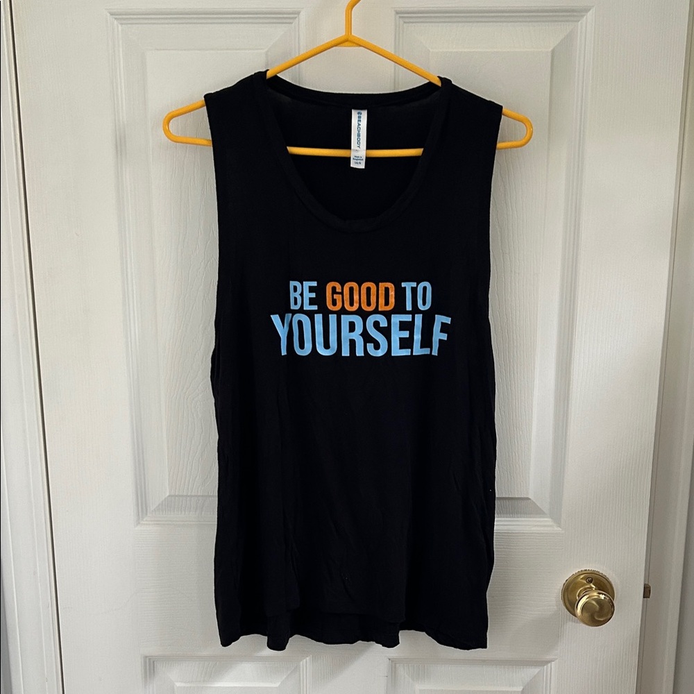 Beachbody Black Muscle Tee with Blue and Orange Print